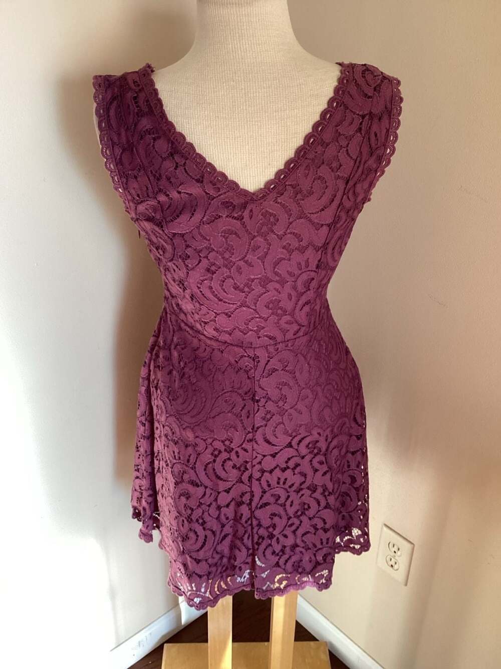 Altar'd State Purple Floral Lace Double V-Neck Fit and Flare Mini Dress Size Sma